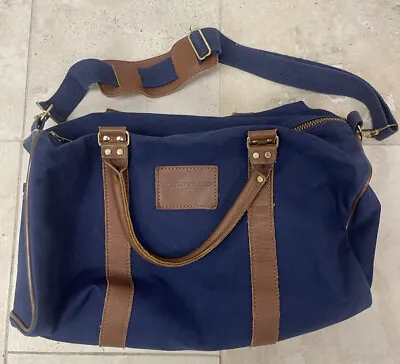 Vintage Morgan Stanley Services Duffle Bag Small Blue Canvas & Leather • $59.90