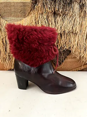 Vintage  Burgundy   Leather Rubber Sheepskin Ankle Boots Size US 8 • $49.99