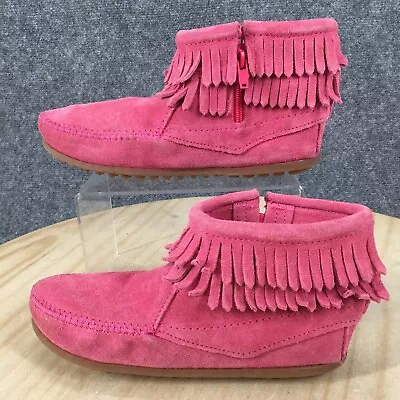 Minnetonka Moccasin Boots Youth Girls 4 Booties Double Fringe Pink Suede 2295 • £11.18