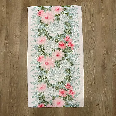 Vintage Floral White Towel Pink Green White Cotton 1960s Festival Campervan L • £7.99