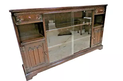 Vintage English Bookcase - Wooden Carved Dark Oak Wood With Sliding Glass Doors • $995