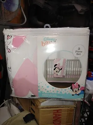 Disney Minnie Mouse Hearts Dots 3 Piece Crib Bedding Set New Pink White • $10