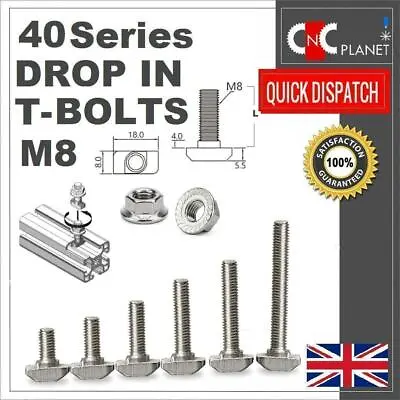 T-Bolt M8 Drop In Flange Nut Hammer 40 Series Aluminum Extrusion Prof T Slot 8mm • £3.25