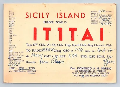 Vintage Ham Radio Amateur QSL QSO Postcard IT1TAI Sicily Island Europe 1957 • $9.95