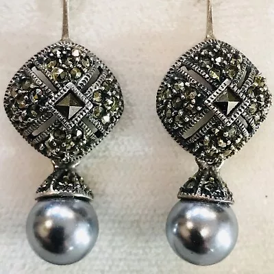 Judith Jack Sterling Art Deco Marcasite Earrings Square Faux Grey Pearl Dangle • $45