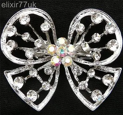 Silver Bow Butterfly Brooch Rhinestone Crystal  Broach Wedding Bouquet Shoe Cake • £4.55