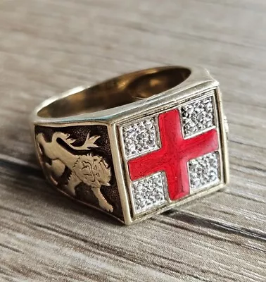 18ct Gold On 925 Sterling Silver Cross St George Diamond Ring Size U 1/2 England • £89.95