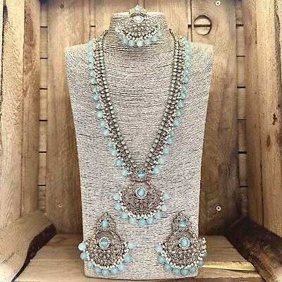 Uk New Asian Indian Bollywd Long Mala Pendant Necklace Earrings Tikka Set Blue • $56