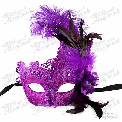 Womens Brocade Lace Ostrich Feather Venetian Masquerade Mask [Purple] • $13.95