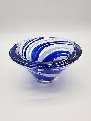 Vintage Mikasa Blue & White Swirl Cone Shaped Art Hand Blown Glass Bowl 6.75” • $18.39