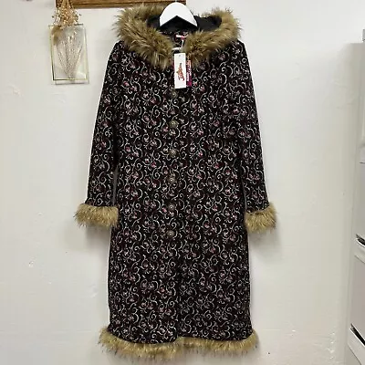 Joe Browns Black Jacquard Afghan Coat UK Siuze 16 Hooded Faux Fure Long • $135.74