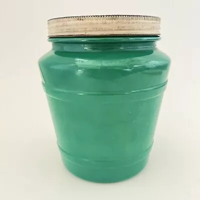 Vintage GREEN GLASS JAR W/Metal Lid  2QT Flashed Canister Pickle Barrel 7” Tall • $20