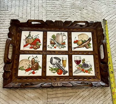 VTG Mexican Hand Carved Wood Serving Tray With Talavera Ceramic Tile Inlay MCM • $52