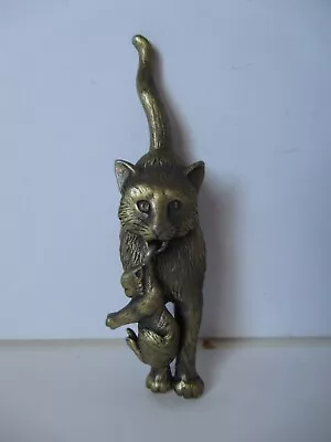 $10 • Buy Cat Pin Brooch Gold Tone MOM CARRYING KITTEN Signed JJ Vintage Jewelry
