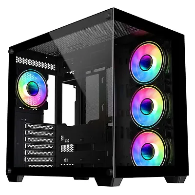 CiT Vision Black Mid ATX Gaming Cube PC Case Tempered Glass Panels 3 LED Fans • £76.99
