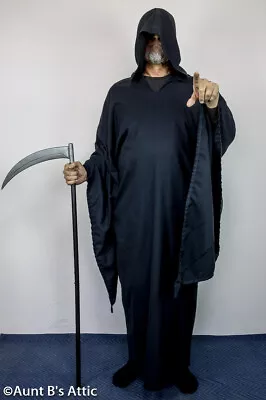 Grim Reaper Costume Black Long Hooded Halloween Horror Robe XL • $34.98