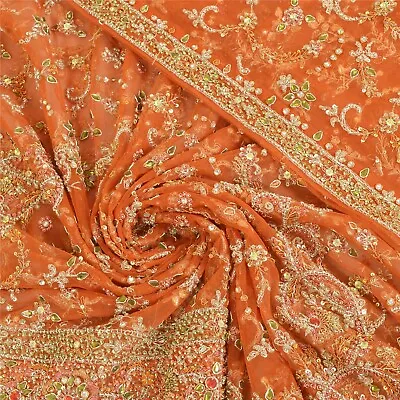 Sanskriti Vintage Long Dupatta Net Mesh Orange Hand Beaded Zardozi Wrap Stole • $95
