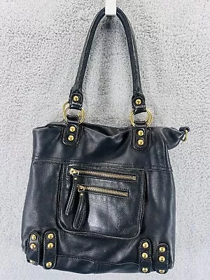 Linea Pelle  Soft Black Leather Hobo Tote Bag With Antiqued Brass Hardware Studs • $29.99