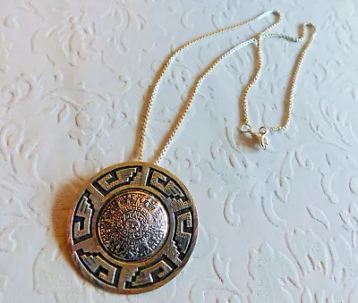 VINTAGE TAXCO MAYAN STERLING SILVER SHIELD DISC PENDANT & 18  CHAIN - 16.3g • $39