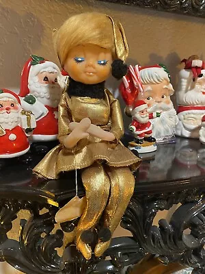 VINTAGE KNEE HUGGER ELF HUGE JAPAN GOLD LAME 8 H Christmas Party Girl Pose Doll • $60