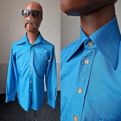 Vintage Haupt Dagger Collar Shirt | Medium | Blue Synthetics Disco 1970s BC43 • £20