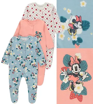 Disney Baby Girls Minnie Mouse Sleepsuits Babygrows 3 Pack 0-3 Months NEW • £12.99