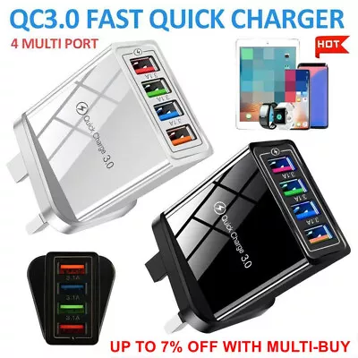 USB QC3.0 Hub 4 Multi Ports Fast Charge Mains Wall Charger Adapter EU UK Plugs • £3.59