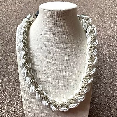 Necklace Silver & White Coloured Beads Twisted Plait Beaded NEW With TAGS R424 • £14.97