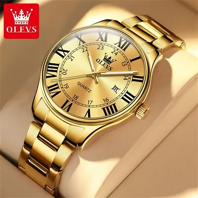 Men's Wrist Watch Luminous Hands Date Roman Numerals Dial Waterproof Watch Gold • $49.90