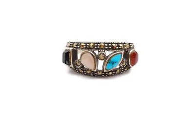 Vintage Sterling Silver 925 Marcasite Turquoise MOP Onyx Amber Ring Size 8.75 • $33.99