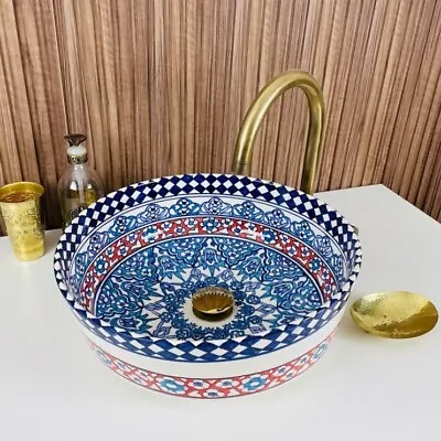 Ceramic Sink For Bathroom Handpaint Moroccan Sink Blue Ceramic Top Sink Basin • $257