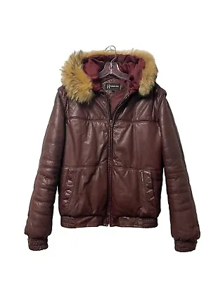 VTG RARE Members Only Burgundy Leather Bomber Jacket Coyote Fur Trim Hood Sz 38 • $145