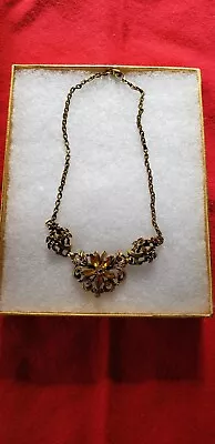 Vintage Coro Necklace Gold Color Floral With Amber Rhinesones • $29.99