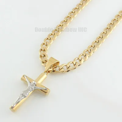 Mens Stainless Steel Gold Silver Plated Cuban Jesus Cross Pendant Necklace Chain • $13.49