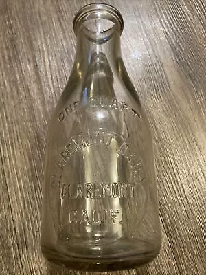 Vintage CLAREMONT DAIRY California One Quart Clear Glass Milk Bottle Jug USA! • $19.88