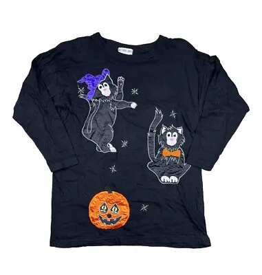 Vtg Victoria Jones Halloween Cat Shirt Sz M Appliqués & Beads Textured Unique • $11.99