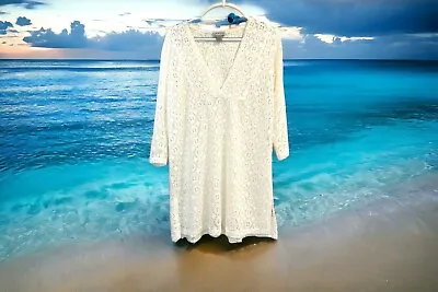 J. Valdi Swim Cover Up Women’s Medium White Eyelet Lace Crochet Look V-Neck • $13.99