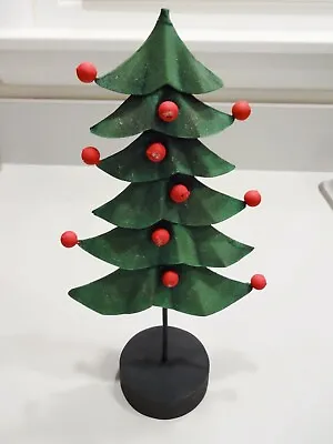 Vtg FREESTANDING GREEN METAL CHRISTMAS TREE Table Decor Red Balls Round Base 10  • $19.99