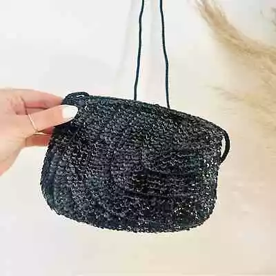 VINTAGE Black Sequin Sparkle Metallic Clutch Zip Crossbody Evening Bag Purse • $55