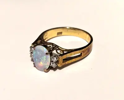14ct Gold Ring Opal Cabochon & Diamonds UK Ring Size L - 14ct Yellow Gold • $678.68