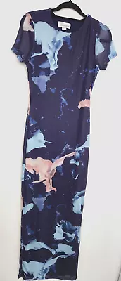 LUVALOT Navy Stretch Fitted Printed Mesh Lined Maxi Dress Sz 10 Women's • $28