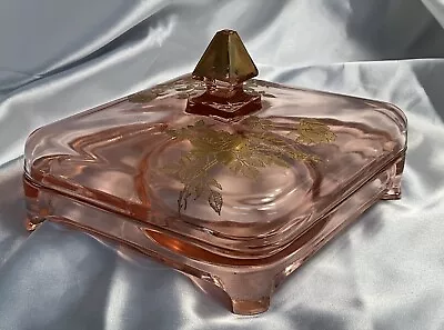 Vintage Pink Depression Glass Vanity Or Shaving Tray With Lid & Gold Roses • $45