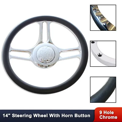 14  Chrome Billet Aluminum Steering Wheel 9 Bolt Leather Skin&Flame Horn Button • $145.68