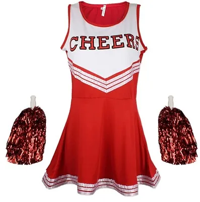 Cheerleader Fancy Dress Outfit Uniform High School Cheer Costume With Pom Poms  • £10.49