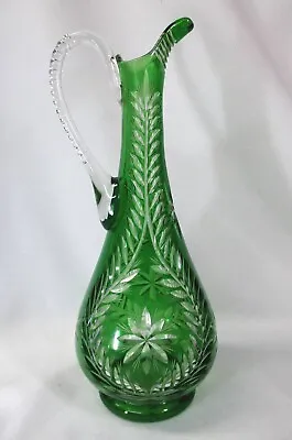 Elegant Antique Cut Glass Emerald Green & Clear 13.5  Tall Ewer • $119.99