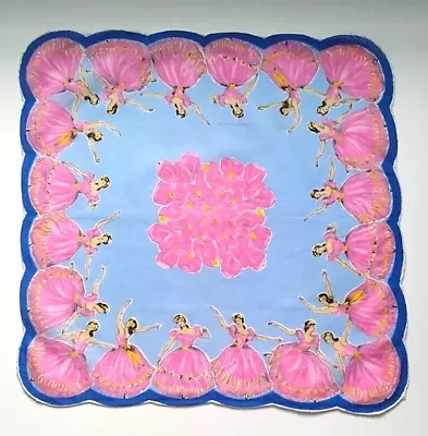 Pink Ballerinas On Blue Scallop Hand Rolled Edge Handkerchief Vintage 1950s RARE • $24.50