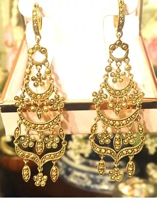 Large Gold Drop Earrings Ornate Floral Boho Gypsy Long Chandelier Vtg Monet 3” • $89