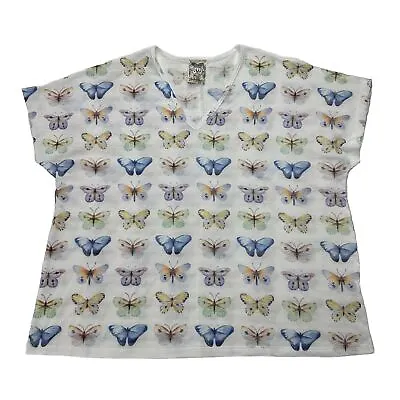 Vocal Butterfly Print Top Tunic Womens XL White Cap Sleeve V Neck Boxy Oversized • $24.96