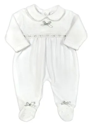 Baby Girl Sleepsuit Babygro All In One Velour WHITE  • £11.99