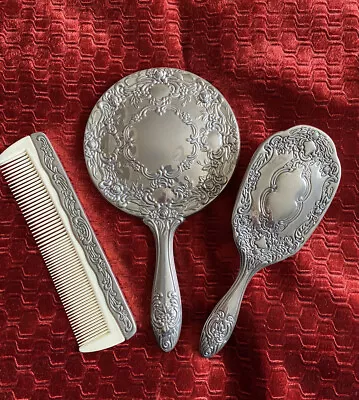 £18.50 • Buy Vintage Dressing Table Set Silver Tone Hand Mirror Comb And Brush Vanity Set